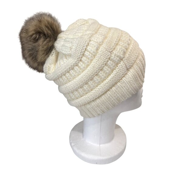 C.C Womens Ribbed‎ Knit Beanie Hat With Faux Fur Pom Ivory One Size - Picture 2 of 7